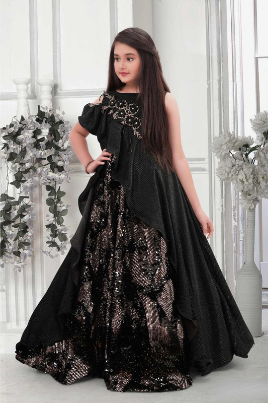 Black And Gold Two Tones Floor Length Prom Dress With Long Sleeves -  TheCelebrityDresses